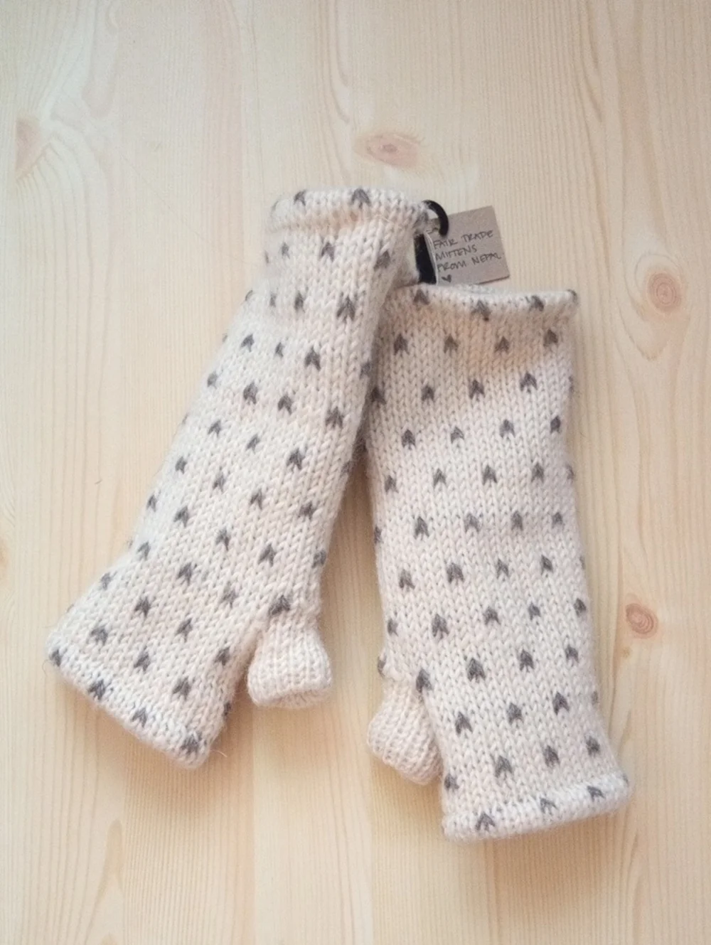 100% Wool Cream Knit Fingerless Mittens Fleece Lined Made In Nepal
